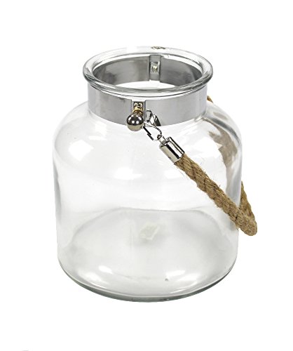 Echtglas-Laterne mit Metallrand und Seil-Griff natur groß - 2