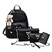 Produktbild Rucksack FORH Damen Four Sets Tagesrucksack Mode Kurierrucksack Handbag Shoulder Bags Crossbody Bag Multiple Storage Zweck Taschen PU Leder Handtaschen (Schwarz)
