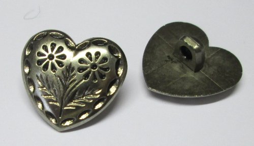 5 Trachten Knöpfe Herz 18 mm altsilber mit Blüten