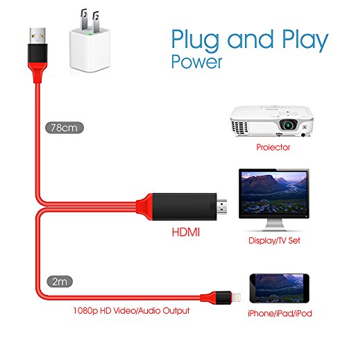 Lightning HDMI Kabel,2 Meter Kabel HDTV MHL Kabeladapter von Penzo,1080P,Transmit Audio und Video Heimkino für iPhone 7/6s/6/5s/5 iPad iTouch TV Projektor (rot, 6,6ft) - 3