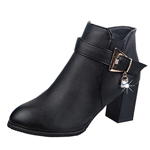 Qiusa Slippers Women Ladies Indoor Slipper Boots,Leather Square Heel Round Toe Keep Warm Zipper Short Tube Martin Boots, (Color : Black, Size : 4 UK)