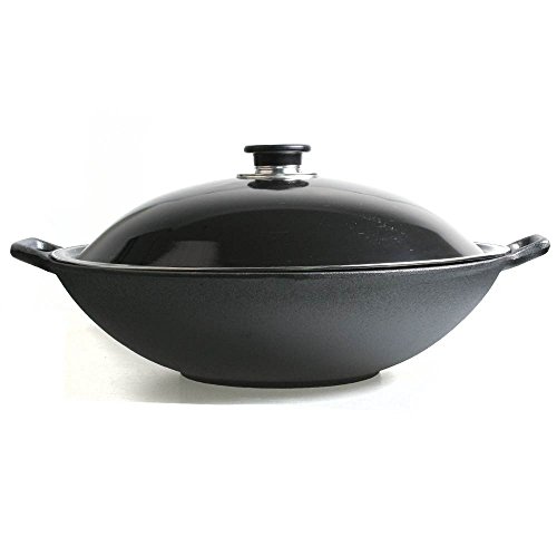 Big BBQ Wokpfanne Wok aus Gusseisen Ø 36 cm Abtropfgitter Deckel Zange Stäbchen - 3