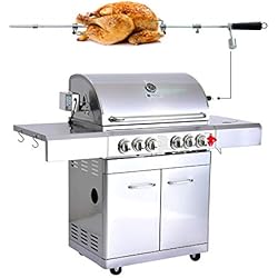 GREADEN- BBQ Grill Barbecue À Gaz INOX DÖNER- 4 BRÛLEURS+ 1 KIT RÔTISSOIRE (1 BRÛLEUR Infrarouge & TOURNEBROCHE)+ 1 FEU LATÉRAL et Thermomètre, 22KW, Grille/Plancha/Réchaud