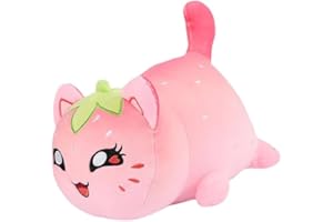 LAIBUY Cat Plush Pillow, Soft Kawaii Kitten Anime Plushie Hugging Pillow, Cute Stuffed Cat Animal Plush Toys Suitable Kids Boys Girls and Her Birthday Christmas Day Gifts (Strawberries)