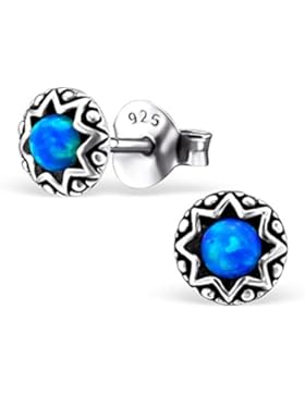 SILV 925 Silber Ohrstecker Opal blau weiß rot pink grün Ø5mm oxidiert - Stern Ohrringe Stecker synth. Opal Kugel...