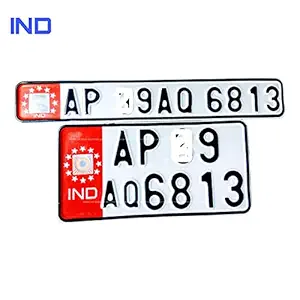 IND Fancy Aluminium Bike_Number Plates , with buyer's Two wheeler Number embossed_Standard size WHITE-RED One Set - front_Back | (BLACK-FONT)