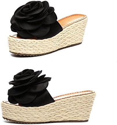 BaiLing Women's summer slippers / Wedge Heel handmade knitted straw waterproof / Beach big flowers small size female sandals shoes , Black , CN39