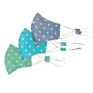 Shaila's Couture Unisex Organic Cotton No Elastic, with Cotton Adjusters and Cotton Earloops Super Soft, Washable, Reusable Face Masks (Grey, Green, Blue) - Pack of 3