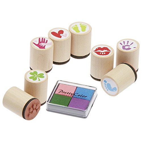 goki 15498 Stempel Symbol, H= 2,5cm, Ø= 2,2cm, Holz, mit Stempelkissen, mehrfarbig, 9-teilig (1 Set)