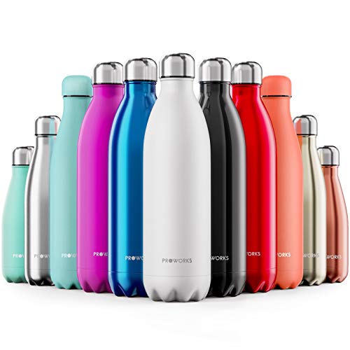 Proworks Bottiglia Acqua in Acciaio Inox, Senza BPA Vuoto Isolato Borraccia Termica in Metallo per Bevande Calde per 12 Ore & Fredde 24 Ore, Borraccia per Sport, Lavoro e Palestra - 1000ml - Bianca