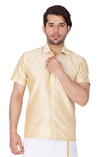 VASTRAMAYMen's Silk Blend Ethnic Shirt - Half Sleeves, South Indian Traditional Shirt for Weddings, Festivals, & Casual Wear