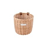 Die Spule Orchard Runde Form Korb aus natürlicher Weide mit dunklen braunen Lederriemen. Maße: Tiefe 26 cm. Höhe: 24 cm.