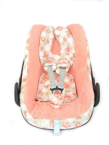 Glorious Lou Bezüge-Set für Kissen und Gurte Maxi-Cosi Pebble – 100% Bio-Baumwolle – Kollektion Peach Poppies – Lachsrosa Blumen - 2