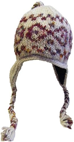 Hand knitted fleece lined Cream woollen earflap hat with reclaimed silk detail - fair trade - 100% wool - Ideal from skiing, snowboarding and skating