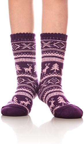 DOFUN Women's Fleece Lining Knit Christmas Knee Highs Stockings Snowflake Slipper Socks (Deer Purple)