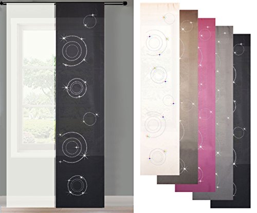 2er Set Schiebegardine Flächenvorhang Circle Strass Wildseide Optik und Voile Paneel, 245×60, Schwarz, 85625 - 2
