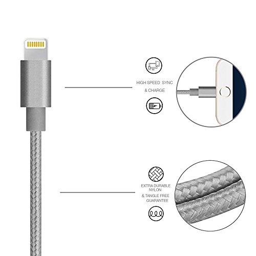 Nylon iPhone Lightning Ladekabel-[Lebenslange Garantie]-TUOYA Nylon Apple iPhone Lightning to USB3.0 Datenkabel, Hi-Speed Sync und Schnelles Lightning Ladekabel Syncwire mit 8 Pin Aluminium Steckerr für Apple iPhone 7/ 7 Plus/ 6s/ 6s Plus/ 6/ 5/ SE/ iPad Air/ iPad 4/ iPad mini/ iPod nano 7/ iPod (2pack-6,6ft/2m, Grey) - 2