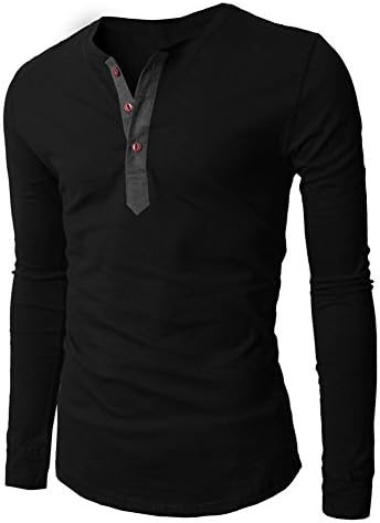 Guangyuanli Men's Casual Long Sleeve T Shirt Grandad Neck Button Top Black L