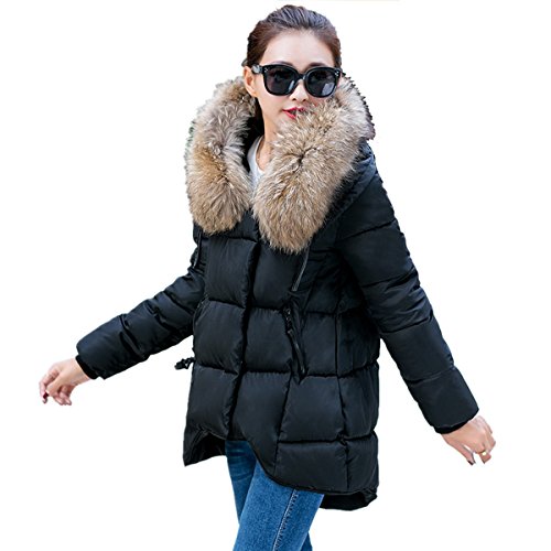 Chiguo Donna Giacca Invernale Caldo Cappotto da Donna con Cappuccio, Trapuntata Giubbotto con Removibile Collo Di Pelliccia Faux Giacche (Nero, M)