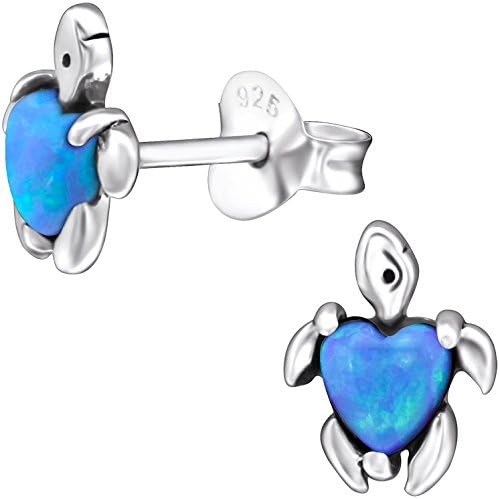 EYS Jewelry Tortoise 925 Sterling Silver Opal Heart Stud Earrings 8 x 6 mm Earring Light Blue