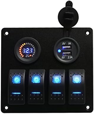 TEQStone Rocker Switch Panel 4 Gang Metal Board LED Rocker Blank Switch Panel with Circuit Breakers&amp;Digital Voltmeter&amp; USB Power Charger Adapter for Boat Car Marine