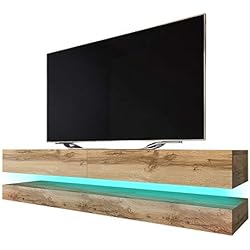 Aviator - Meuble TV Suspendu / Table Basse TV / Banc TV de Salon (140 cm, Aspect Bois de Chêne de Votan Mat avec l'éclairage LED bleue)