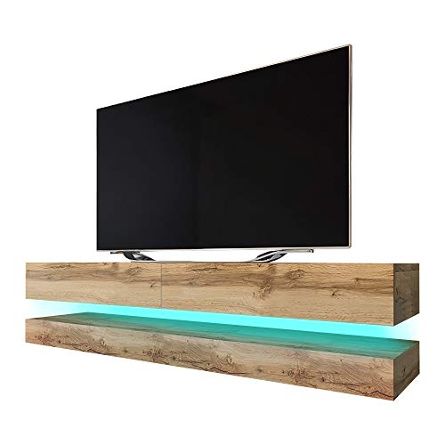 Aviator - Meuble TV Suspendu / Table Basse TV / Banc TV de Salon (140 cm, Aspect Bois de Chêne de Votan Mat avec l'éclairage LED bleue)