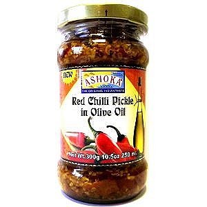 Ashoka Pickles-Mixed/Garlic/Carrot/Chilli/Lime Hot Mild/Red Chilli - All Varieties (Red Chilli Pickle in Olive Oil 300 g)