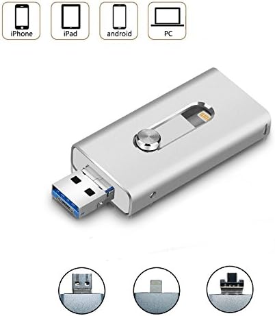 32GB USB iPhone Flash Drive - Micro USB Lightning Connector Memory Stick External Storage U Disk (3 in 1) for iPhone iPad IOS Android and PC, SILVER