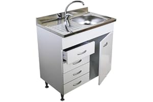 Arredobagno e Cucine Mobile sottolavello Bianco,1 Anta e cassettiera SX,lavello Inox cm80, Vasca a DX