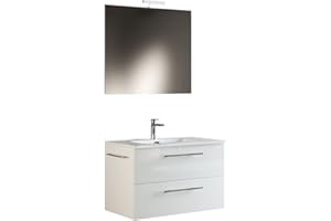 Mama Store ERA 80 - Mobile Bagno Sospeso 80 CM BIANCO LUCIDO LACCATO con Lavabo, Specchio e Lampada LED, L.81 X P.47 X H.53 cm