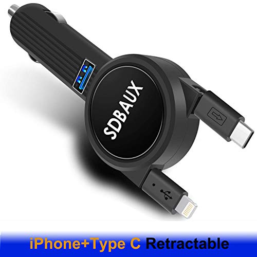 Car Charger,SDBAUX Quick Charge with 2.3FT Dual Retractable Cable,Compatible/Replacement for iPhone XS Max XR X 8 7 6 5s,Samsung Galaxy S9 S8 Plus Note 8 LG Google Pixel and 1 USB Port