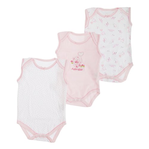 Baby Girls Bear Pattern Sleeveless Bodysuits (Pack Of 3) (Height: 68-74cm, Weight: 9kg (6-9 Months)) (Pink)