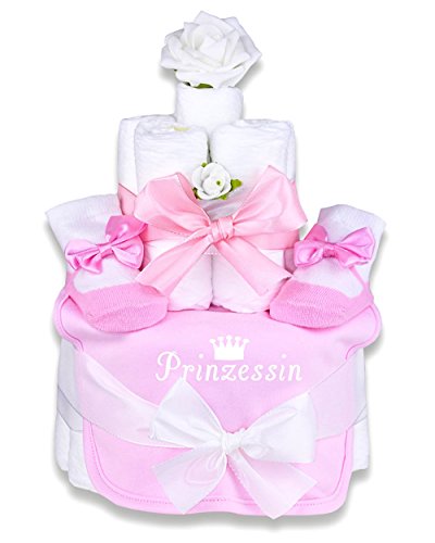 Preisvergleich Produktbild Babygeschenk WINDELTORTE Mädchen "Prinzessin" Lätzchen +1Schleifen Babysocken rosa