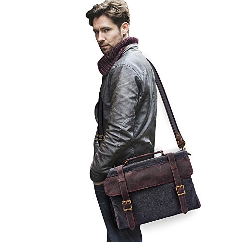 S-ZONE 14 Inch Vintage Aktentasche Arbeittasche Messenger Bag Umh  ngetasche Schultertasche Laptoptasche aus Canvas Leder  Dunkel Grau 