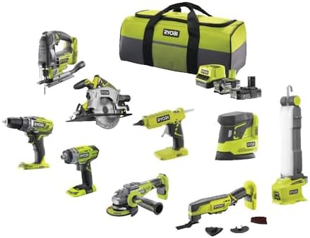 Ryobi - Confezione di 9 strumenti 18 V ONE+: Trapano, Avvitatore a urti, Smerigliatrice, Multi-Tools, Pistola a colla, Sega circolare, Sega alternativa, Lampa, Levigatrice + 2 Batterie e