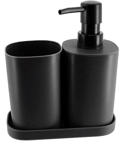 Set Bagno Tatay 4 Pezzi - Portasapone, Bicchiere, Dispenser - Design Baobab, Nero, Senza BPA - Foto 9