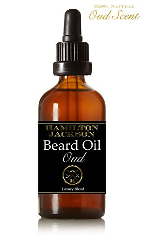 Luxury Oud Wood Scent Beard Oil 100% Natural Organic Hamilton Jackson - Male Grooming Skincare and Conditioner, Softer Facial Hair, with Argan Oil, Sunflower, Jojoba Comes in Gift Box Perfect Gift
