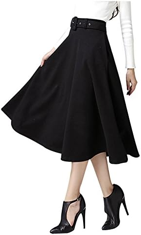 BiilyLi Women's autumn and winter High Waisted woolen Flared Pleated Skirt Big swing skirt A word skirt Midi Skirt Warm dress (M, Black)
