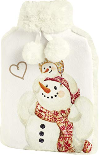IHR - Botella de agua caliente con terciopelo, cubierta de piel sintética y pompones - Happy Winter Day Snowman Love