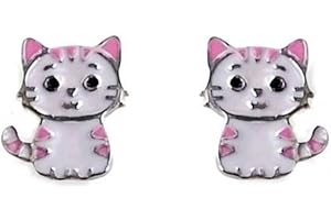 MINOPLATA Pendientes gato de Plata de ley 925 con cierre rosca bebé