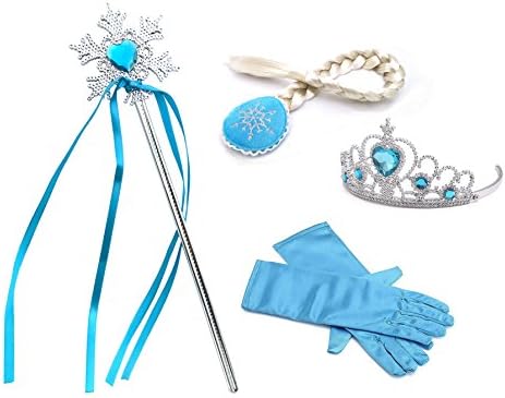 Princess Snow Queen Tiara Braid Magic Wand Gloves 4 iPiece Set Accessories (snowflakes blue)