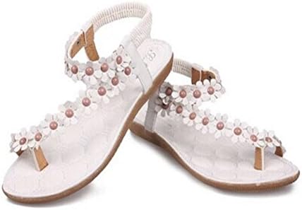 Secret Paradise Women's Fashion Sweet Beaded Flower Clip Toe Flat Bohemian Herringbone Sandals Size=7UK White