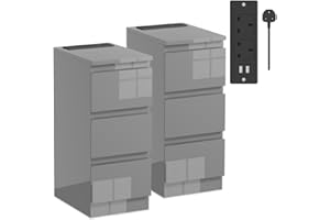 Rainbow Tree Slim Bedside Table Set of 2 with Charging Station Grey, Modern High Gloss Narrow Bedside Cabinet with 3 Drawers, Nightstand for Bedroom, Side Sofa Tables 25Wx35Dx60Hcm