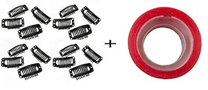 AASA Hair Extension Patches Wigs Clips And Tapes For Men And Women Wig And Extension Attachment Tape And Clip(12 Clips + Small Red Tape)