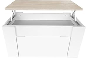 mattfy - Mesa de Centro para el Café/Té, Elevable, Mesita de Salón o Comedor, Color Blanco con Tapa Cambria, Medidas: 90 cm (Ancho) x 50 cm (Fondo) x 46/57 cm (Alto)
