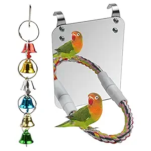 8 Inch Bird Mirror with Rope Perch, Cockatiel Mirror Stand Parakeet Chewing Toys with Hanging Bells, Hummingbird Bird Swing Toy Accessories for Parakeet Cockatiel Conure Lovebirds Finch Canaries