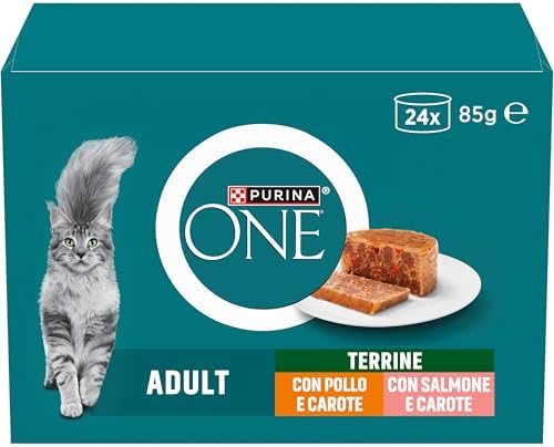 Purina One Sterilcat Cibo Umido per Gatti Adulti con Pollo e carote e Salmone e Carote, 24 lattine da 85g