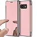 Produktbild Galaxy A7 2017 Hülle,Galaxy A7 2017 Spiegel Schutzhülle,Galaxy A7 2017 Ledertasche Handyhülle,Hpory PU Leder Clear View Plating Überzug Mirror Flip Case Ultra-Slim Kristallklar Durchsichtig Wallet Case Spiegel Ledertasche Brieftasche im BookStyle Handytasche Kunstleder Klapphülle für Männer Mädchen Slim Fit Scratch Bumper Backcover mit [Kartenfächer] [Standfunktion] [Magnetverschluß] Spiegel Schutzhülle Etui Schale für Samsung Galaxy A7 2017 + 1 x Hpory Stylus-(Roségold)