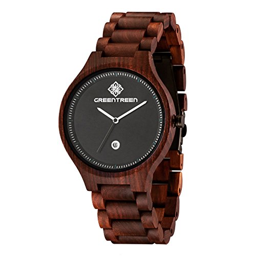 Greentreen Herren Holz Uhren Handgefertigt Massiv rtlich Sandelholz Armbanduhr fr Mnner Quarz Display mit Datum Kalender Farbe Rot Greentreen Herren Holz Uhren Handgefertigt Massiv rtlich Sandelholz Armbanduhr fr Mnner Quarz Display mit Datum Kalender Farbe Rot